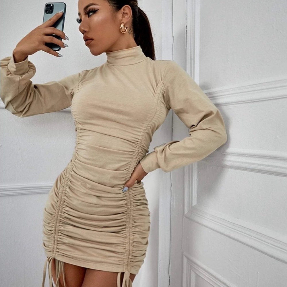SHEIN Tan Ruched Bodycon Midi Dress with Bishop Sleeves